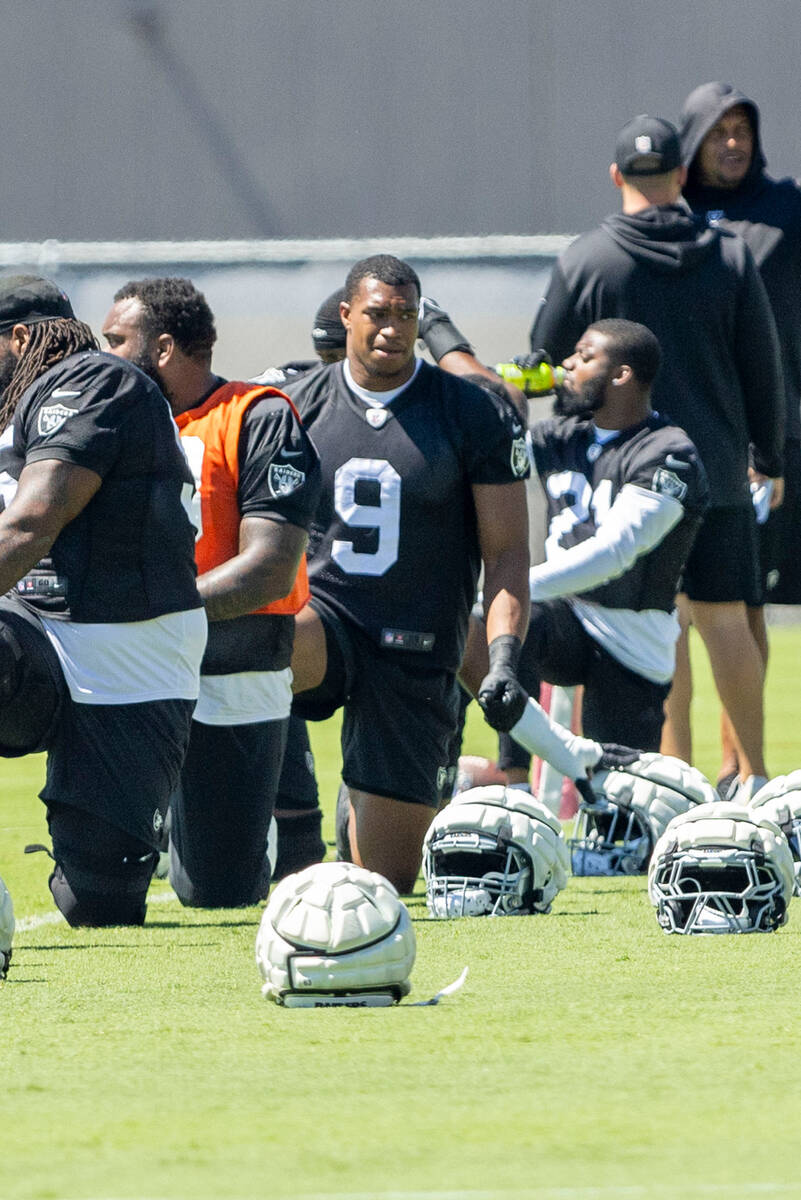 Raiders defensive end Tyree Wilson (9) stretches during team practice on Thursday, Sept. 7, 202 ...