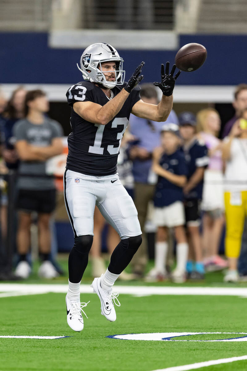 Las Vegas Raiders wide receiver Hunter Renfrow (13) is seen during warm ups before an NFL prese ...