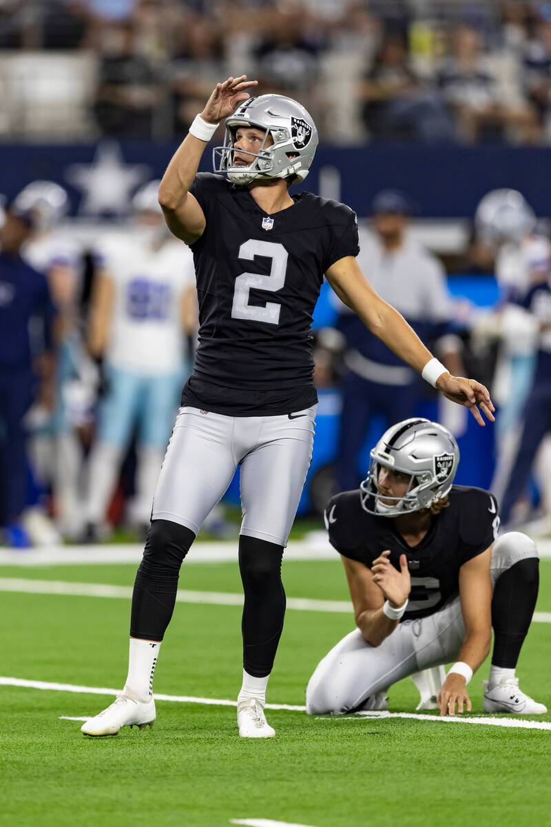 Las Vegas Raiders place kicker Daniel Carlson (2) is seen during the second half of an NFL foot ...