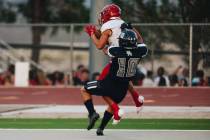 Arbor View wide receiver Jayden Williams catches the ball in the end zone for a touchdown as Sh ...