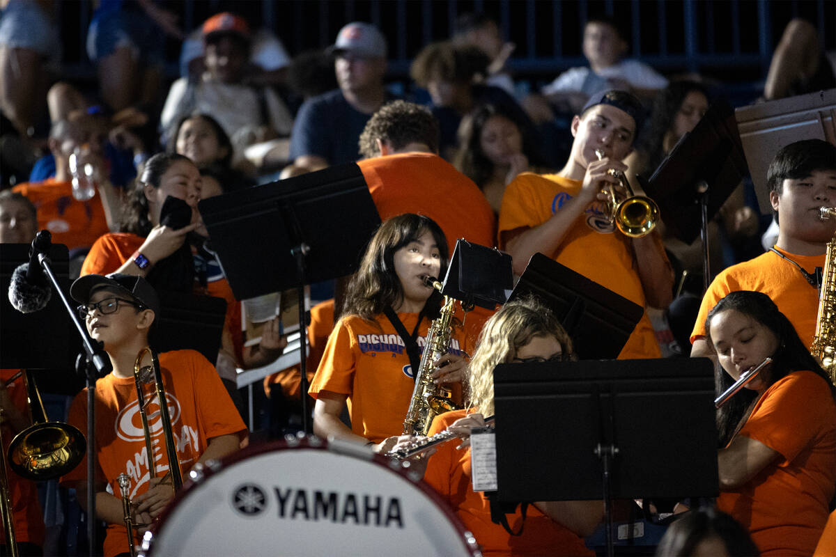 The Bishop Gorman marching band performs during the second half of a high school football game ...