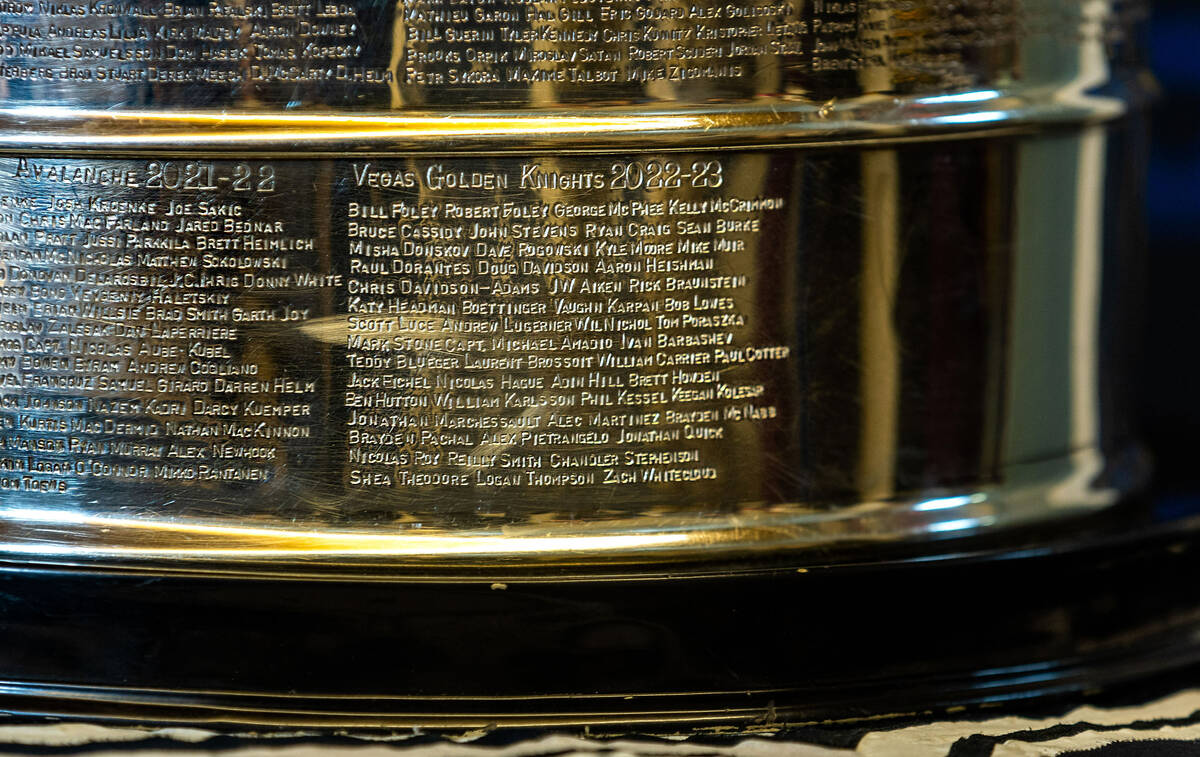 The Golden Knights are inscribed on the Stanley Cup on view during a visit with UMC Hospital wo ...