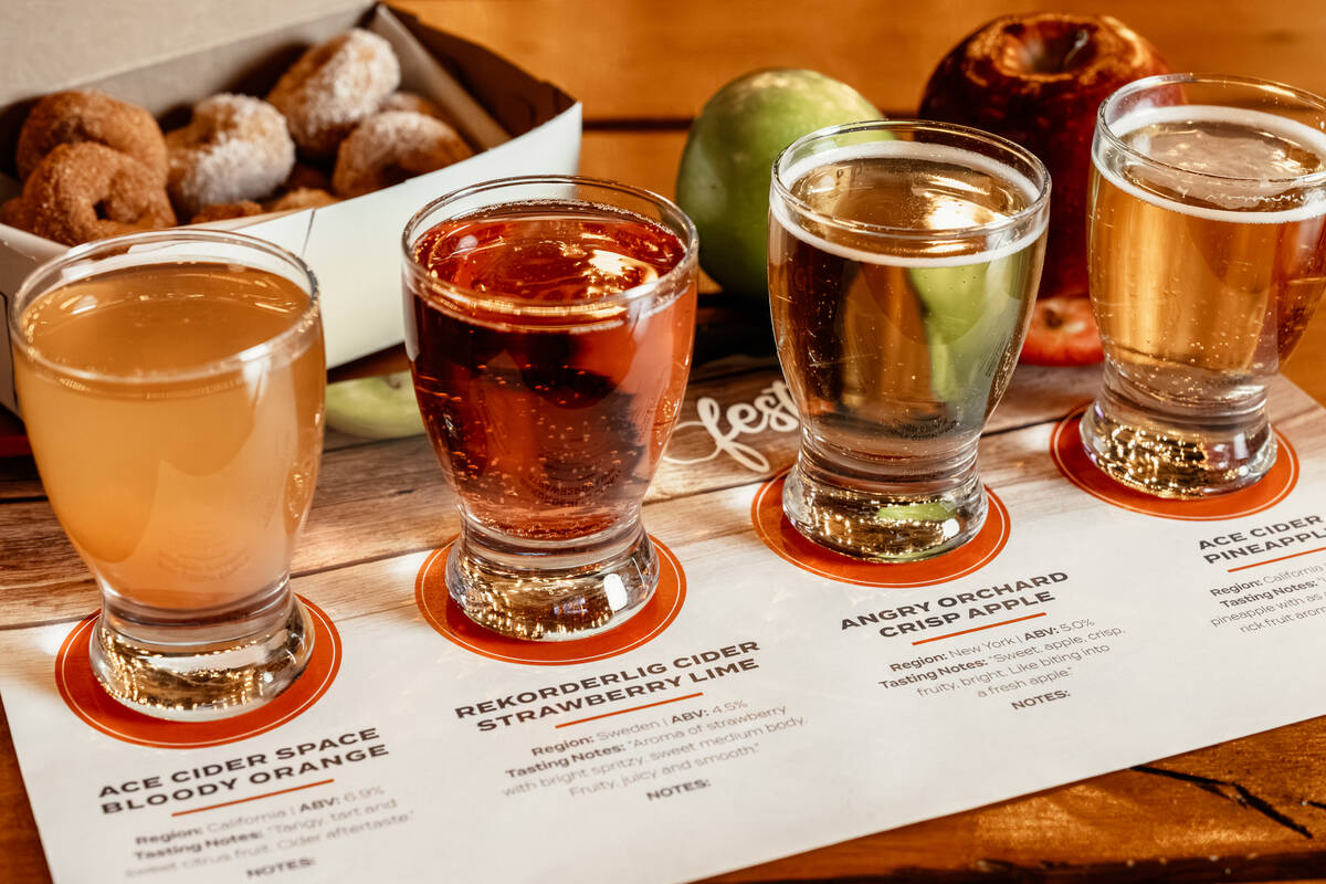 A hard cider flight being served through October 2023 at Shady Grove Lounge in Silverton Casino ...