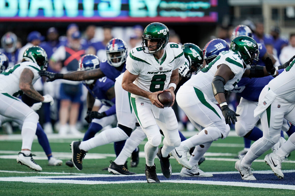 New York Jets quarterback Aaron Rodgers (8) during an NFL football game against the New York Gi ...
