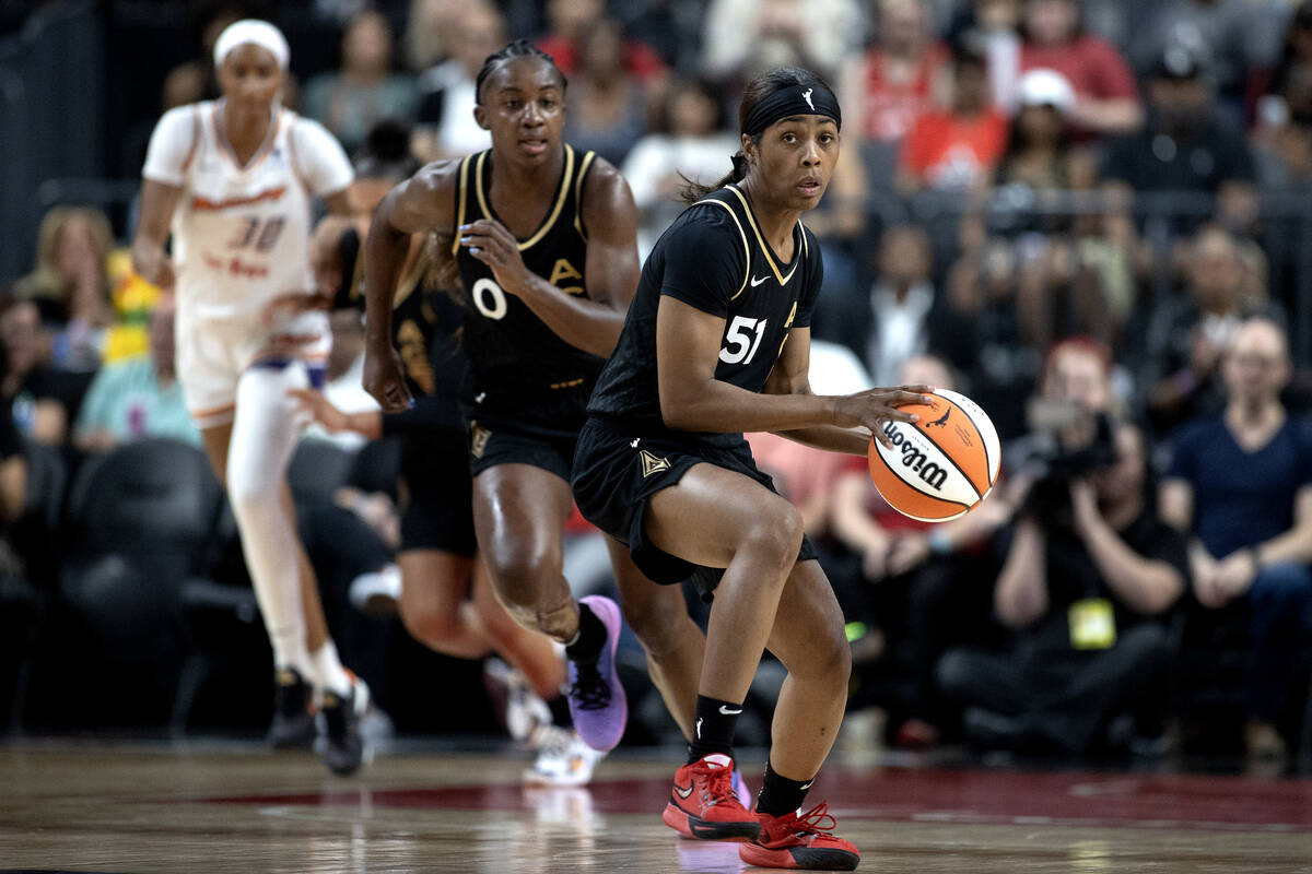 Las Vegas Aces guard Sydney Colson (51) pivots after stealing the ball during the first half of ...