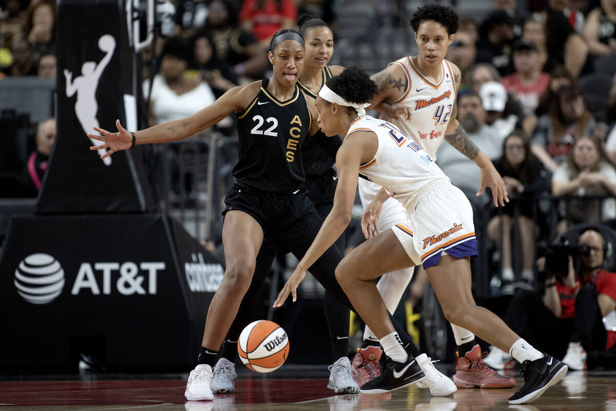 Las Vegas Aces forward A'ja Wilson (22) defends against Phoenix Mercury forward Brianna Turner ...