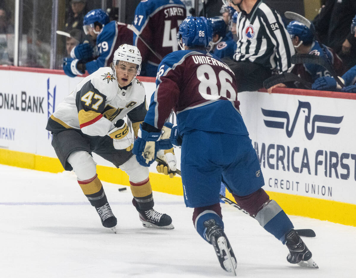 Golden Knights prospect forward Patrick Guay (47) deflects the puck as he drives past Colorado ...