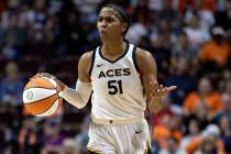 Las Vegas Aces guard Sydney Colson (51) expresses frustration on the court during the second ha ...