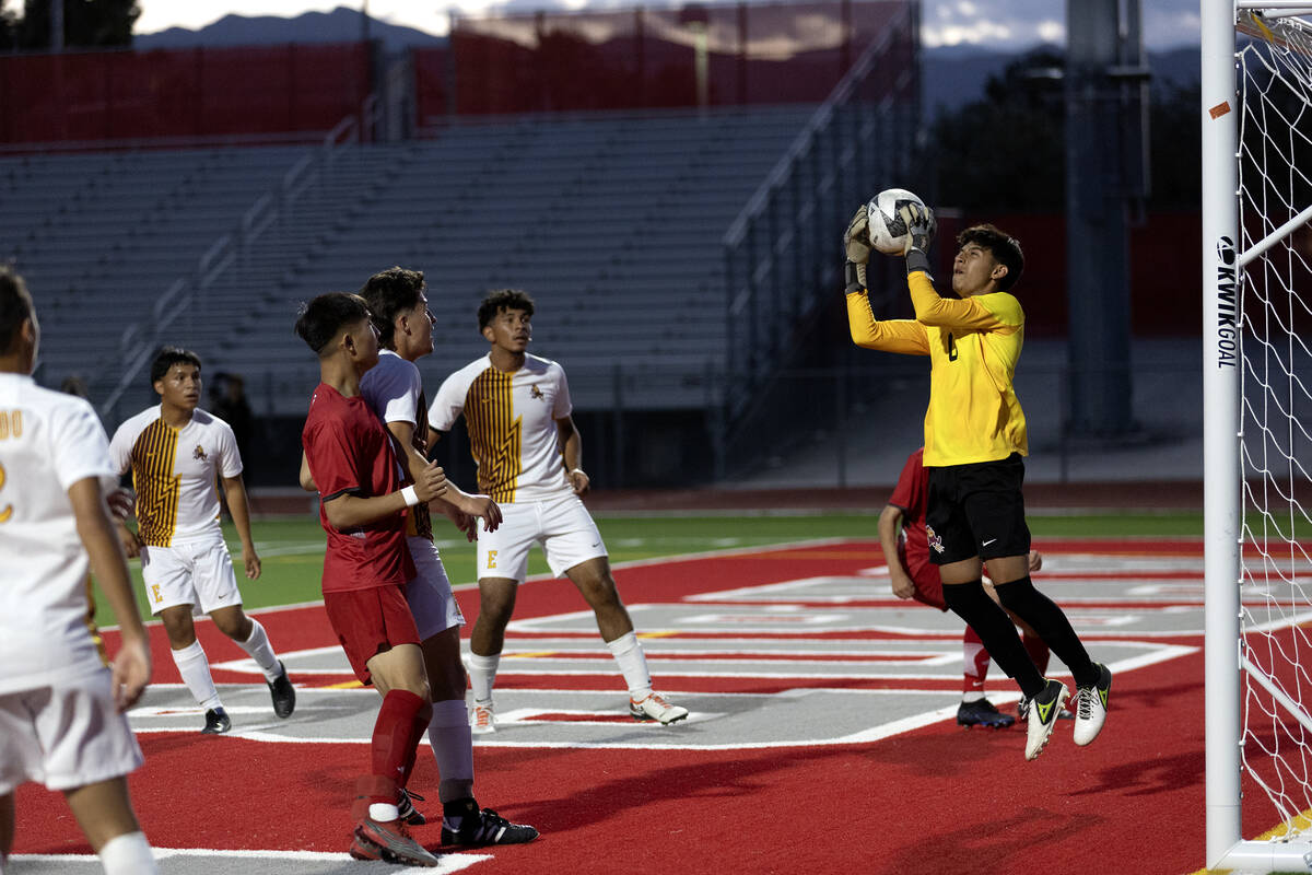 Eldorado goalkeeper Ryan Chavez (0) makes a save against against during a boys high school socc ...