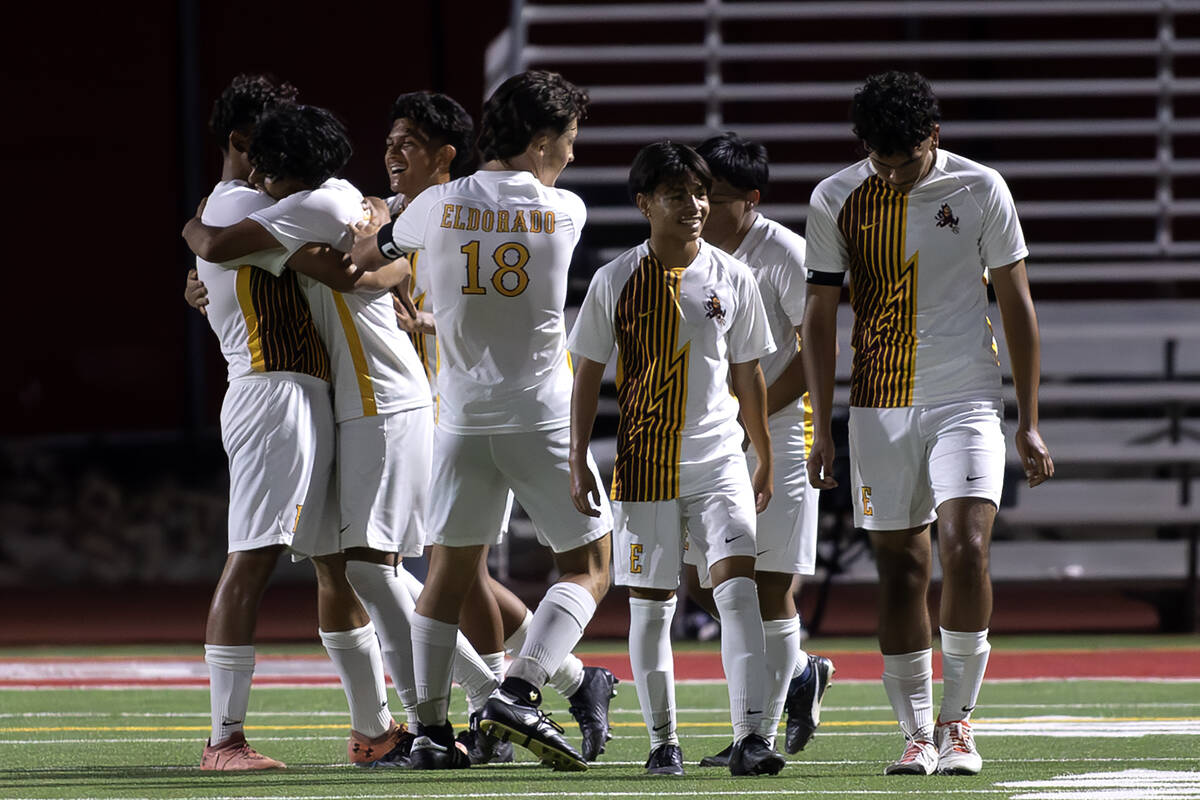 Eldorado celebrates after scoring a goal during a boys high school soccer game against Arbor Vi ...