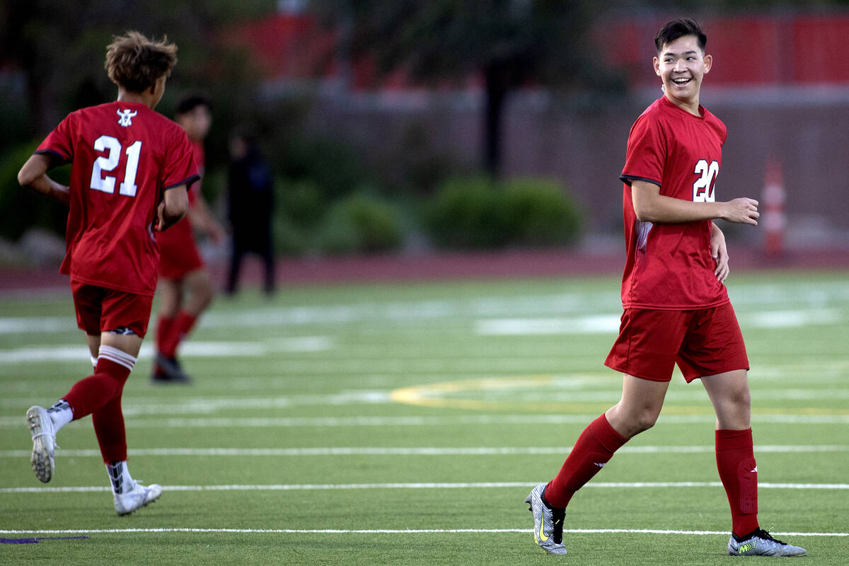 Arbor View's Luke LaPointe (20) reacts after scoring during a boys high school soccer game agai ...