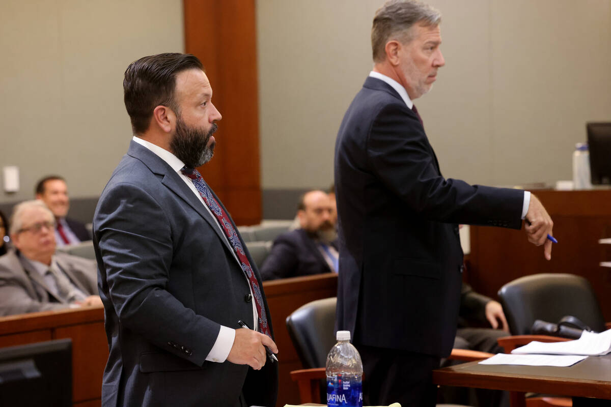 Clark County School District attorney Ethan Thomas, left, and Bradley Schrager, an attorney for ...