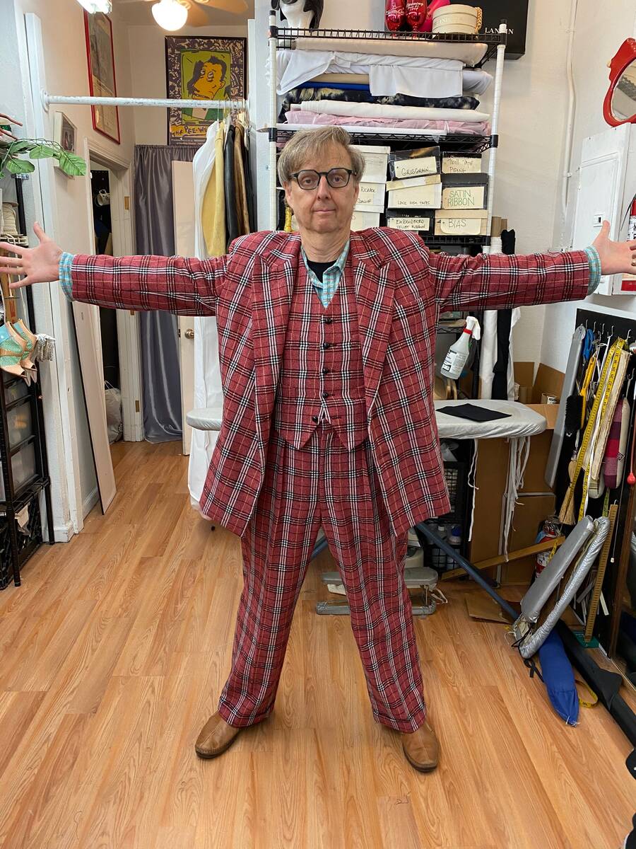 Mac King shows off his new/old plaid stage suit, tailored for him by costume designer margaretr ...
