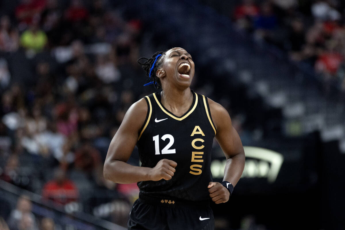 Las Vegas Aces guard Chelsea Gray (12) celebrates after scoring during the second half of Game ...