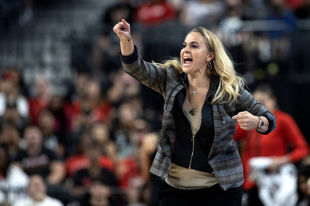 Las Vegas Aces head coach Becky Hammon shouts from the sidelines during the second half of Game ...