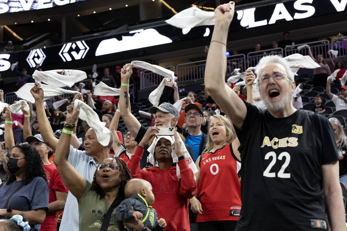 Las Vegas Aces fans wave their playoff towels before Game 1 of a WNBA basketball playoff series ...