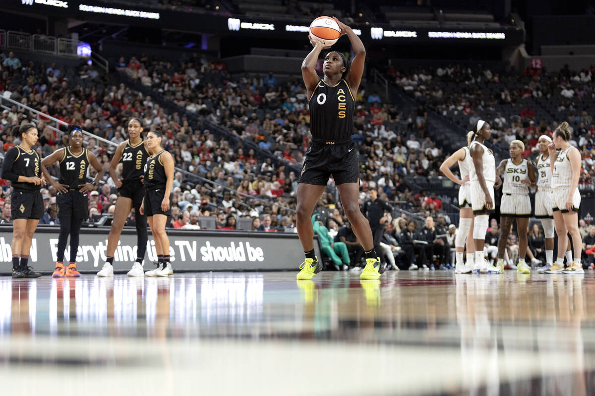 Las Vegas Aces guard Jackie Young (0) shoots a free throw after Chicago Sky guard Marina Mabrey ...
