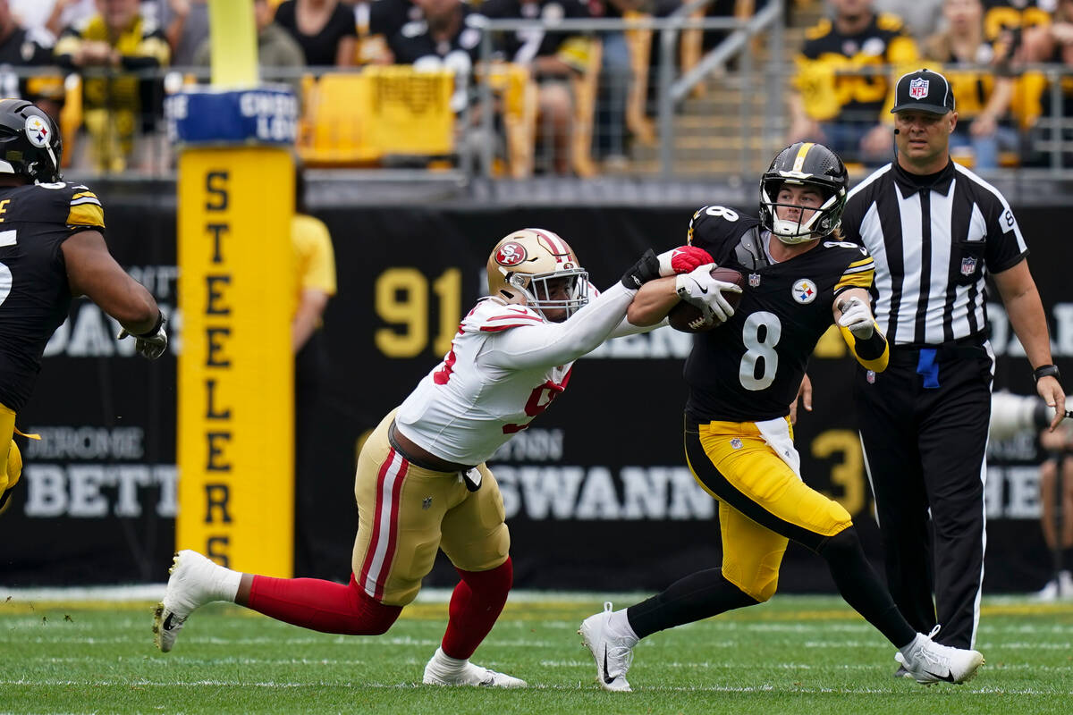 San Francisco 49ers defensive end Drake Jackson, left, sacks Pittsburgh Steelers quarterback Ke ...