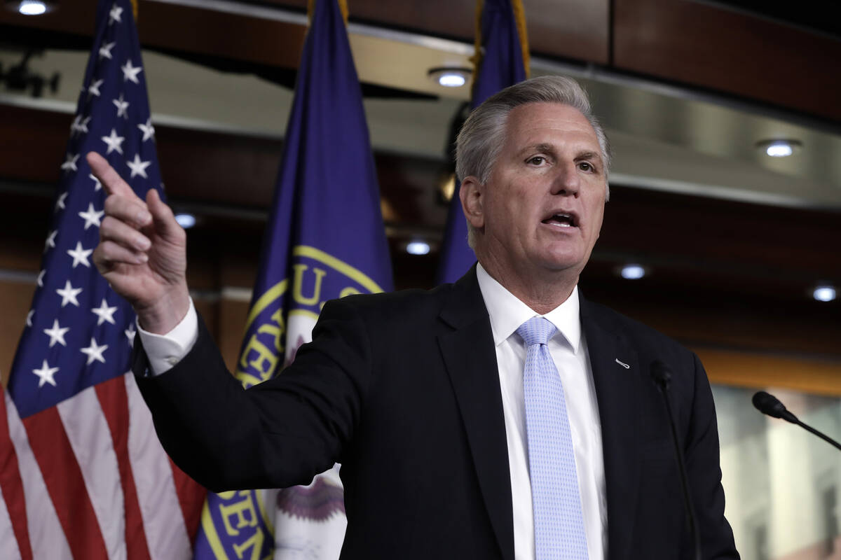 U.S. House Minority Leader Kevin McCarthy (R-CA) speaks during a press conference on Capitol Hi ...