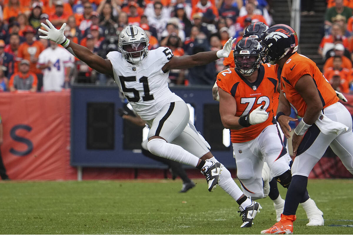Las Vegas Raiders defensive end Malcolm Koonce (51) plays against the Denver Broncos of an NFL ...
