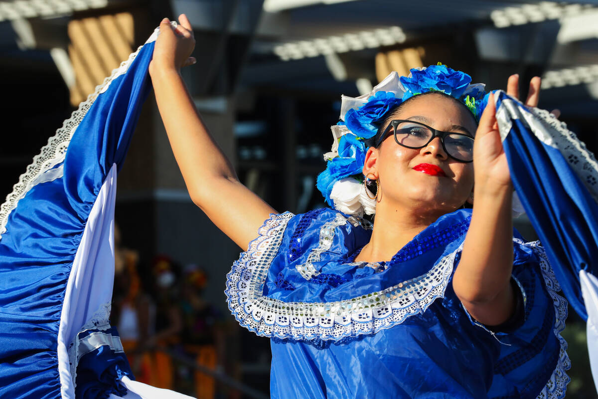 A member of the Ballet Folklorico Del Cañon group performs at the Hispanic Heritage Month ...