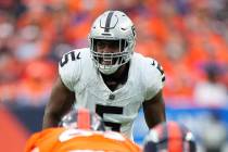 Las Vegas Raiders linebacker Divine Diablo (5) lines up against the Denver Broncos during an NF ...