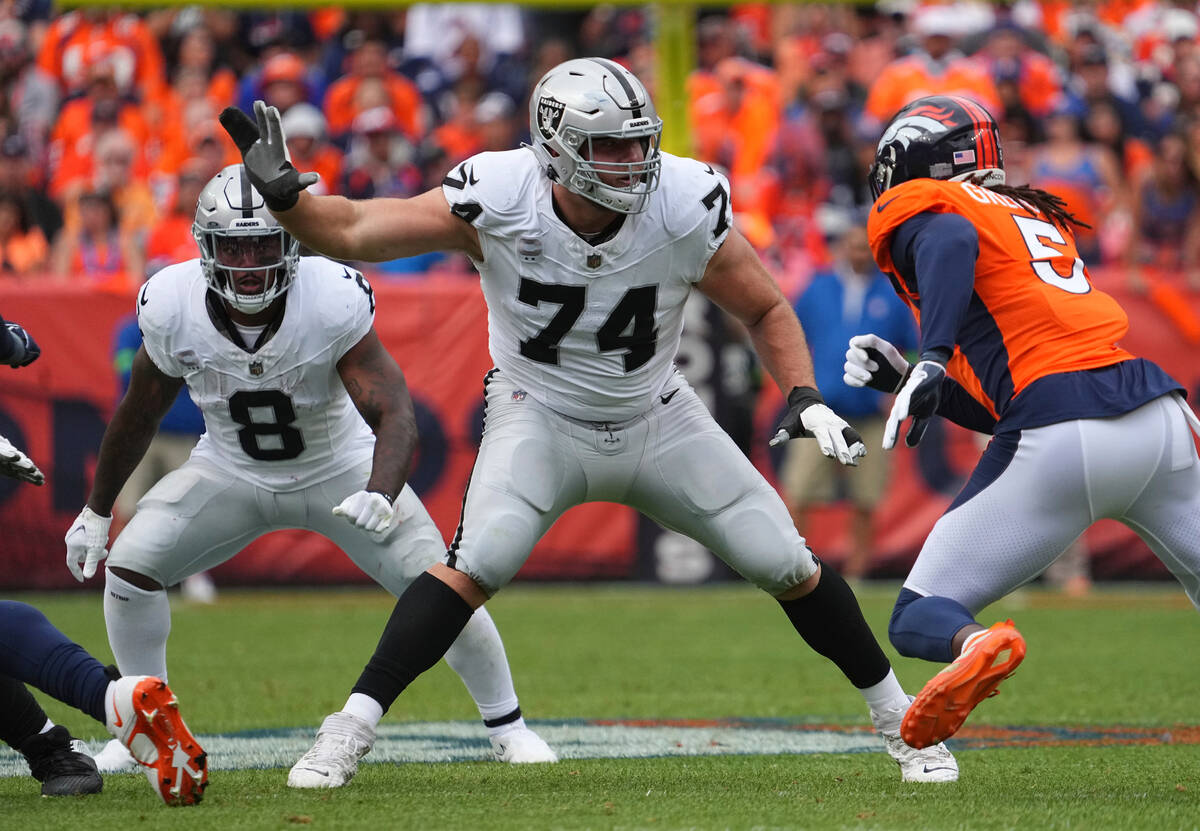 Las Vegas Raiders offensive tackle Kolton Miller (74) plays against the Denver Broncos of an NF ...