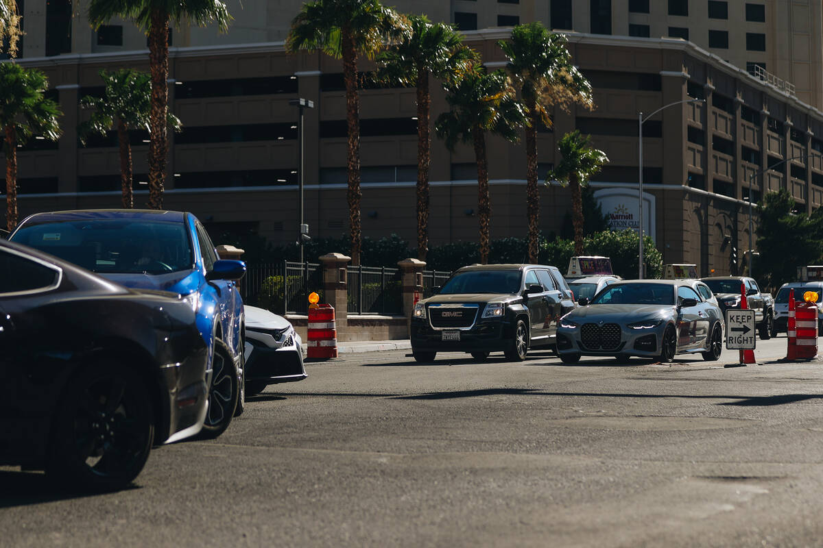 Traffic from construction for the Formula One Las Vegas Grand Prix is seen on Monday, July 10, ...