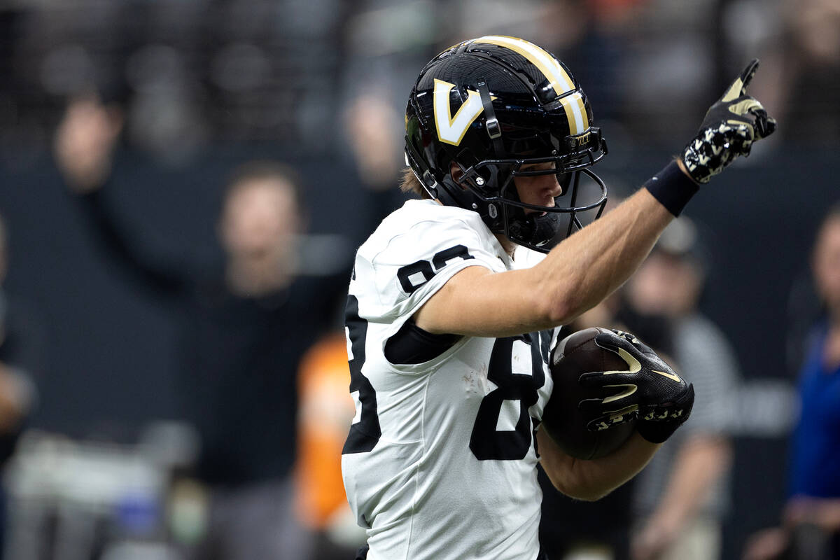 Vanderbilt wide receiver London Humphreys (83) scores a touchdown during the first half of an N ...