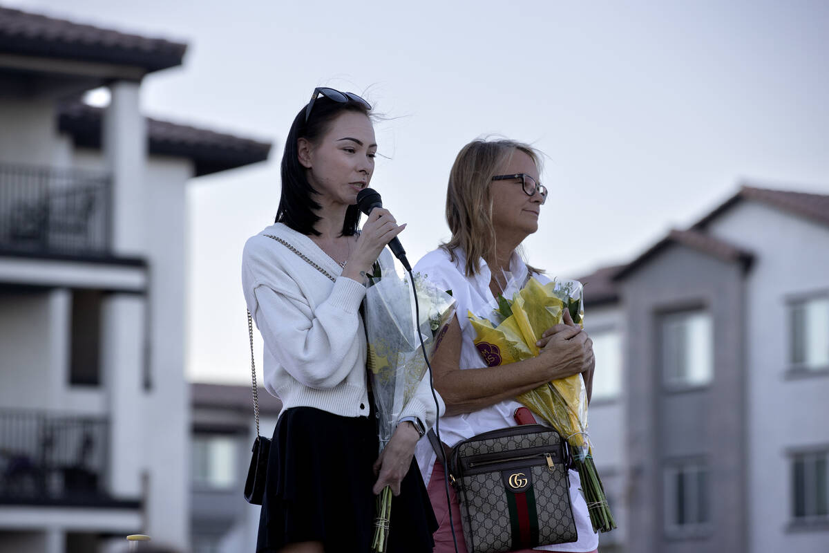 Taylor Probst, left, and Crystal Probst, right, daughter and wife of Andreas Probst, speak duri ...