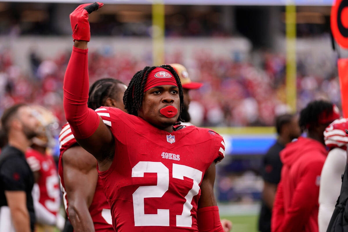 San Francisco 49ers safety Ji'Ayir Brown gestures on the sidelines during the second half of an ...