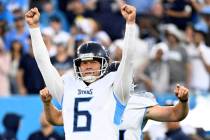 Tennessee Titans place-kicker Nick Folk celebrates after kicking a game-winning field goal duri ...