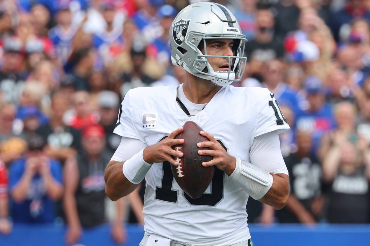 Las Vegas Raiders quarterback Jimmy Garoppolo (10) looks to pass during the first half of an NF ...