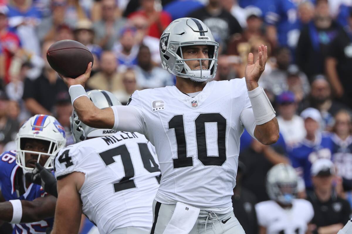 Las Vegas Raiders quarterback Jimmy Garoppolo (10) throws a pass during the first half of an NF ...