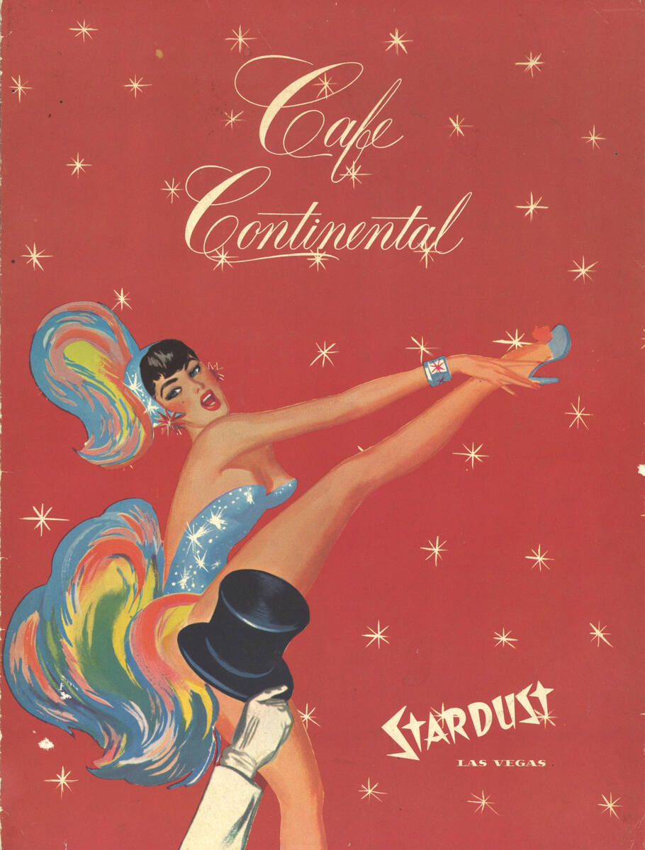 A showgirl en full kick appears on this menu cover from the old Cafe Continental at the Stardus ...