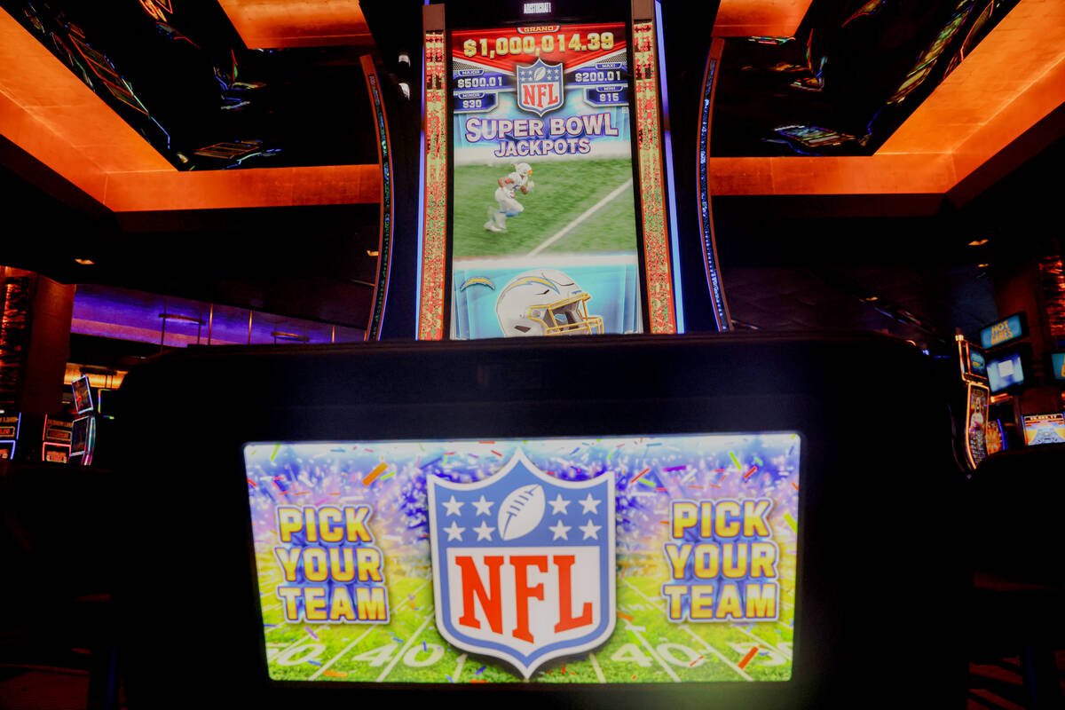 The first Vegas NFL slot machine at the M Resort in Las Vegas, Monday, Sept. 18, 2023. (Rachel ...