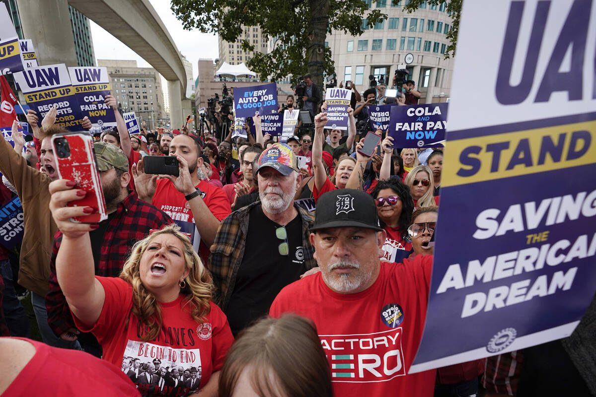 United Auto Workers members attend a rally in Detroit, Friday, Sept. 15, 2023. The UAW is condu ...