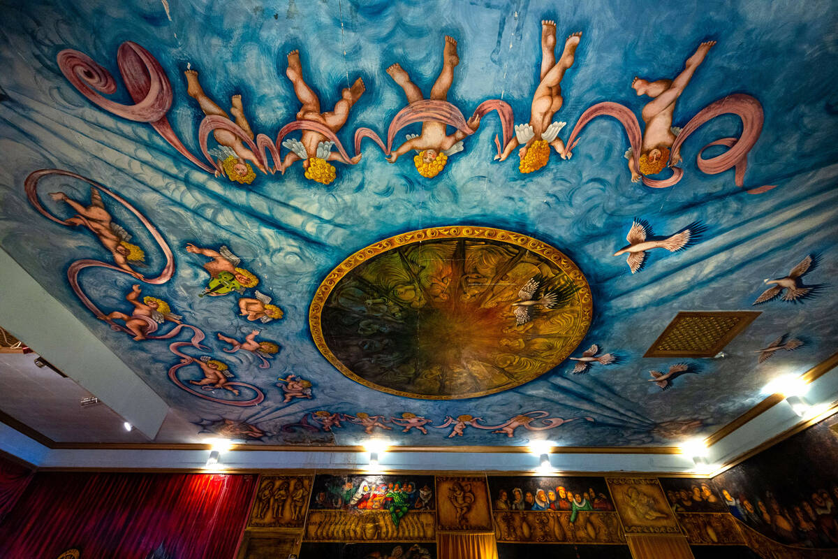 The handpainted ceiling by former owner and performer Maura Becket within the Amargosa Opera Ho ...
