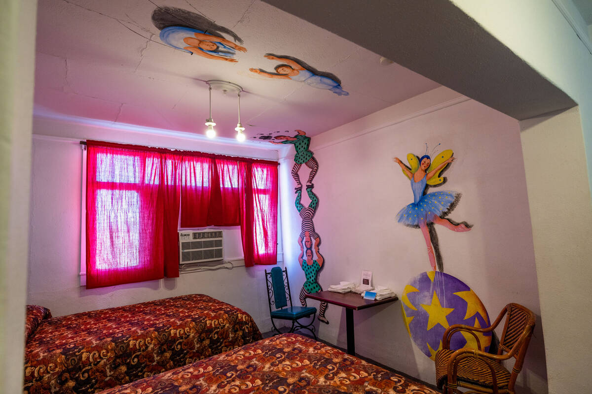 Paintings on the wall of the Red Skelton room by former owner Marta Becket in the Amargosa Hote ...