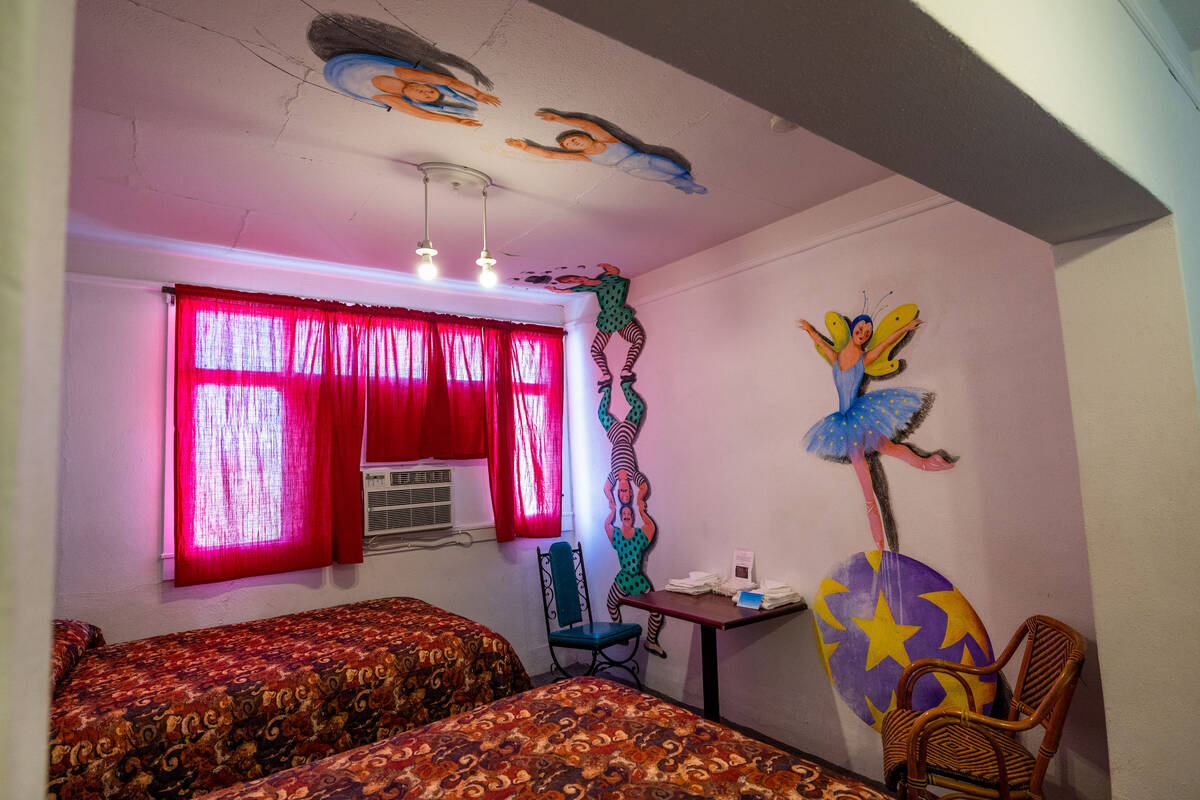 Paintings on the wall of the Red Skelton room by former owner Marta Becket in the Amargosa Hote ...