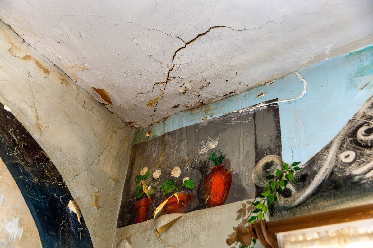 Water damage joins cracks and peeling paint in the dining room in the 100-year-old Amargosa Hot ...