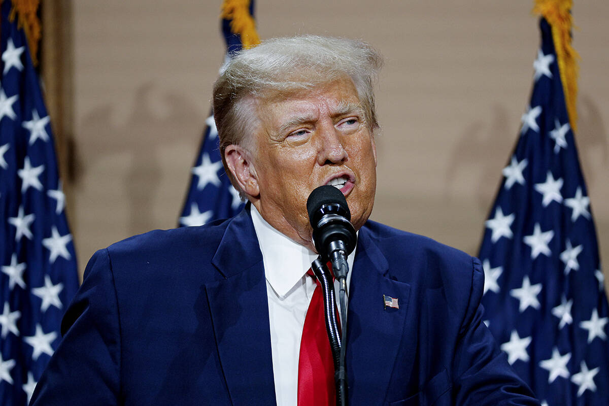Former President Donald Trump speaks in Clinton Township, Mich., Wednesday, Sept. 27, 2023. (AP ...