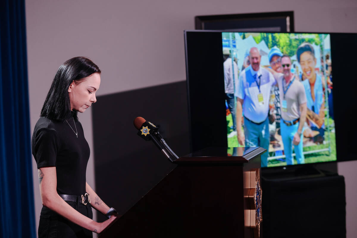 Taylor Probst, daughter of Andreas Probst, addresses the media at a press conference regarding ...