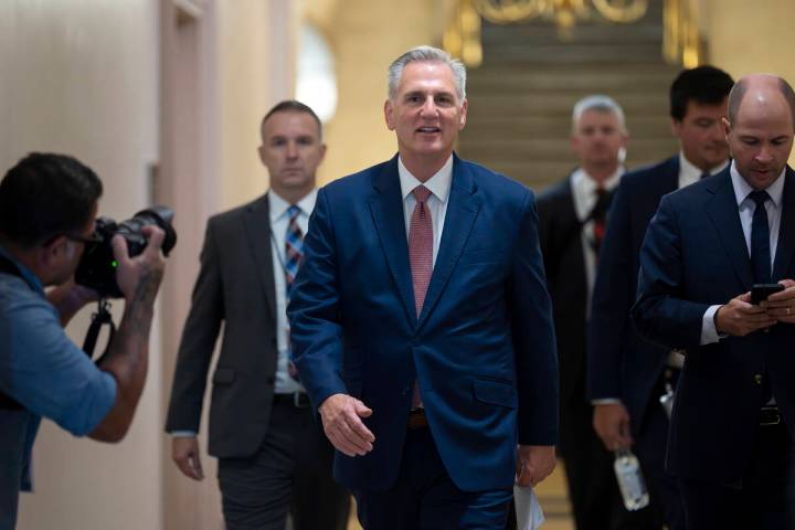 Speaker of the House Kevin McCarthy, R-Calif., arrives to meet with the House Republican Confer ...