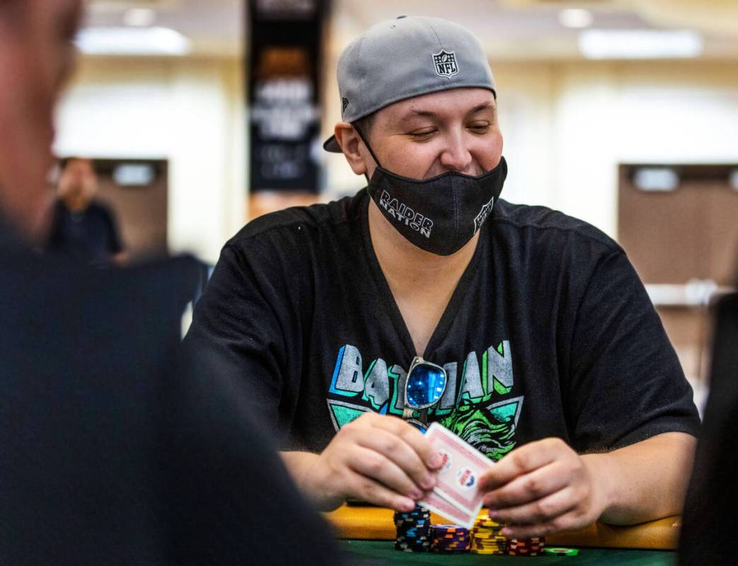 Rob Mercer is pleased as he wins a hand during the final starting flight of World Series of Pok ...