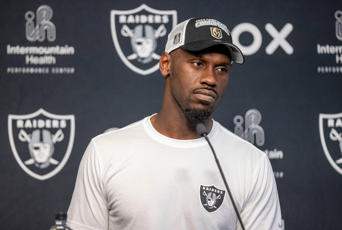 Raiders defensive end Chandler Jones takes questions during a news conference at Intermountain ...