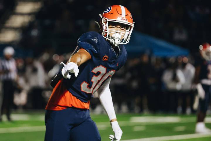 Bishop Gorman wide receiver Derek Meadows points to a referee during a game against Miami Centr ...