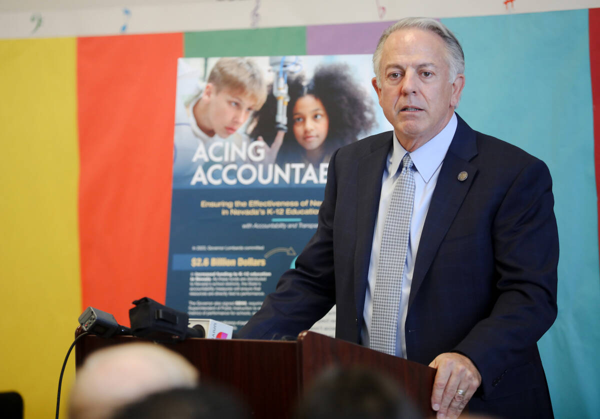 Gov. Joe Lombardo addresses the crowd at a press conference at Mater Academy Mountain Vista in ...