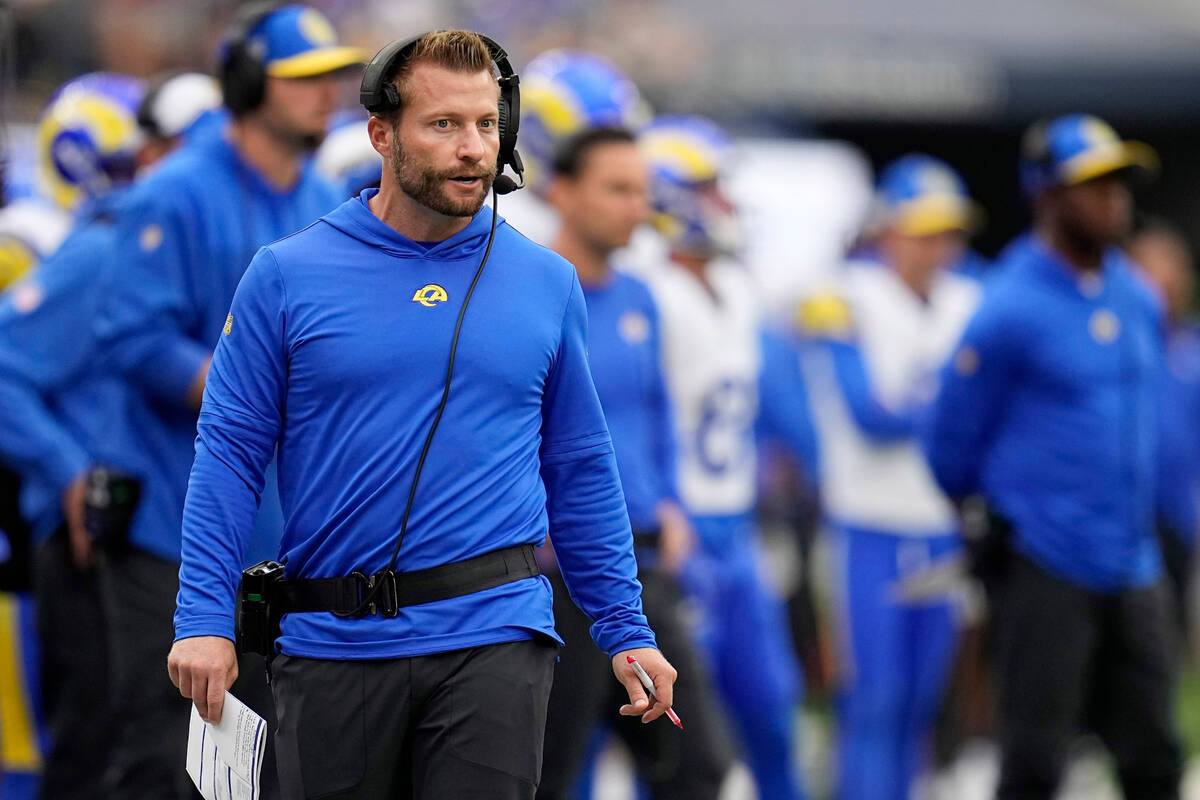 Los Angeles Rams head coach Sean McVay stands on the sideline during the first half of an NFL f ...