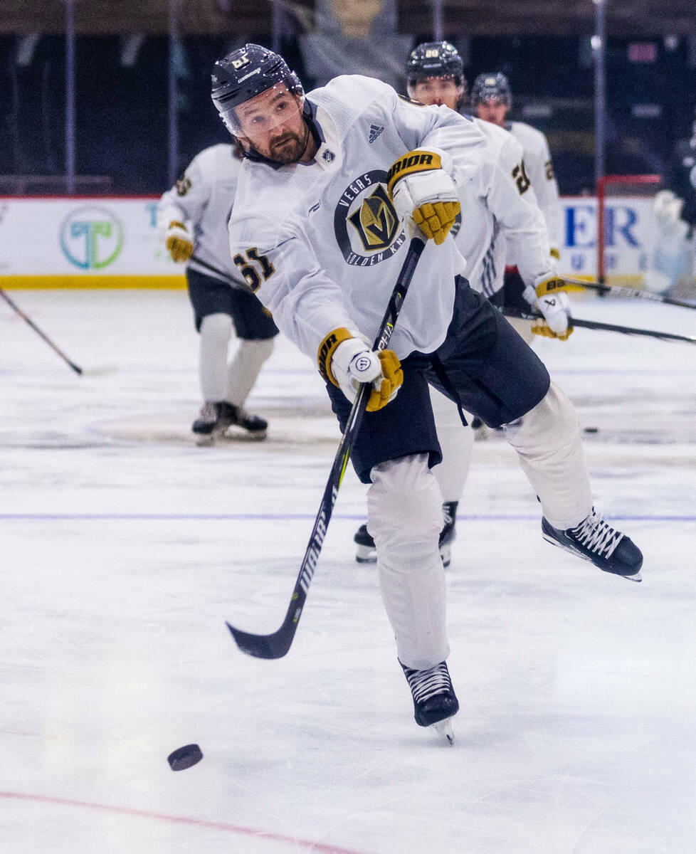 Golden Knights right wing Mark Stone (61) gets off a shot on goal during their first training c ...